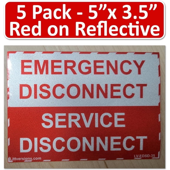 5-Pk 5"x 3.5" Reflective Emergency Disconnect Service Label Sticker Vinyl Electrical NEC compliant