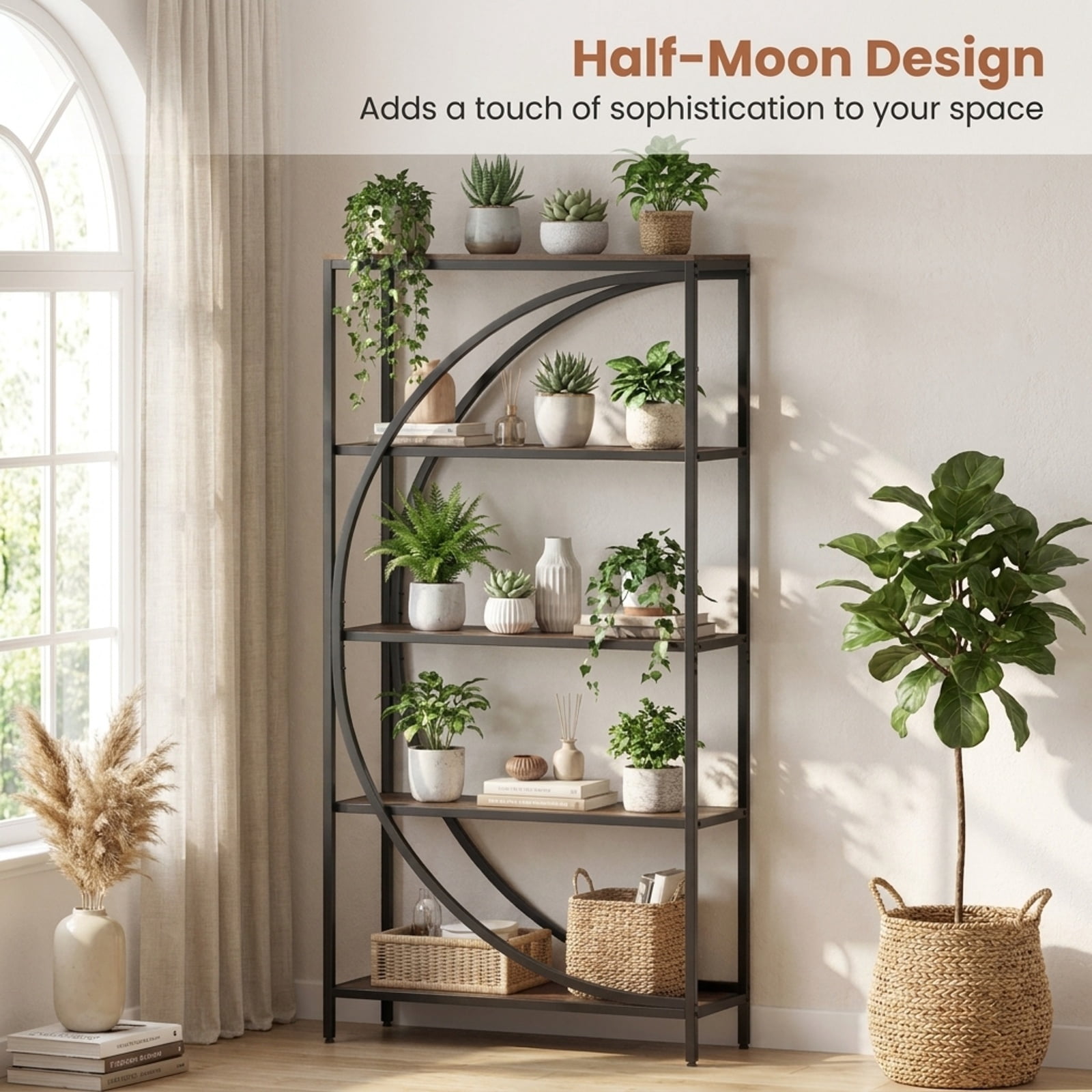Furnibear 5-Tier Bookshelf with Half-Moon Shape for Living Room and Home Office for Living Room Home Office Bedroom Display Storage, Rustic Brown
