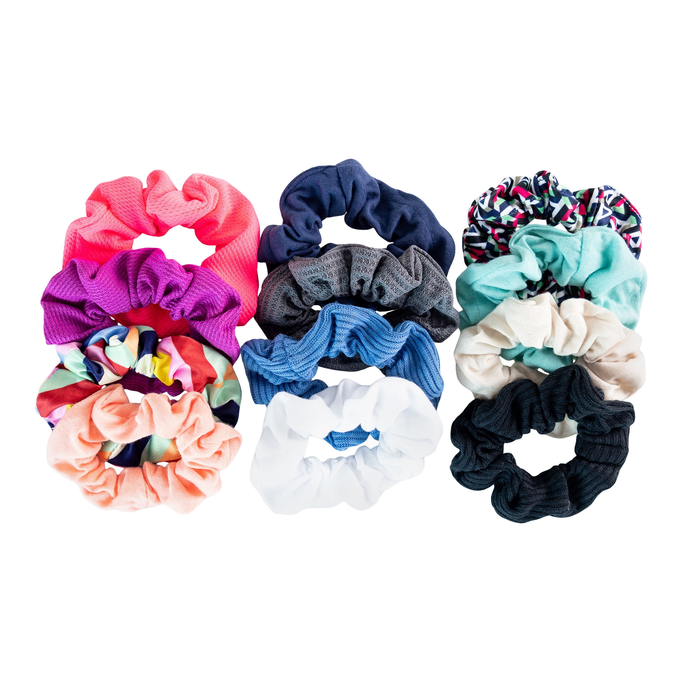 Scunci Original Scrunchies in Mixed Textures, Colors, and Prints: White, Black, Coral, Mint, Blue, Grey, and More, 12ct
