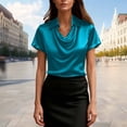 thumbnail image 3 of ASDFVBKG Womens Silk Satin Blouses Fall Casual V Neck Shirts Business Short Sleeve Blouses Elegant Satin Silk Top Blue S, 3 of 4