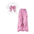 thumbnail image 2 of ECHFIPROM Big Girls Summer Outfit Short Sleeve Crew Neck Bow Print Top and Cargo Pants 2 Piece Set Casual Sports Age 8-15 Years,Pink,10-11Years, 2 of 6