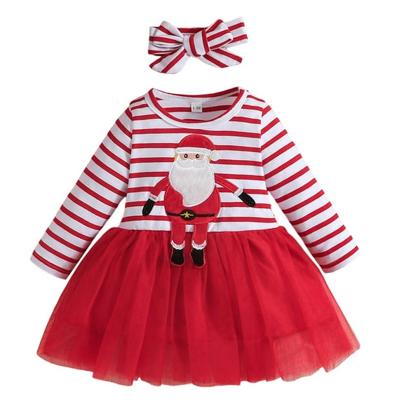 Rhuody Girls Dress Long Sleeve Christmas Red And White Striped Top With Red Mesh Skirt Party Dress For Holiday Outfit Adorable Classic Daily Wear Red 9-12 Months