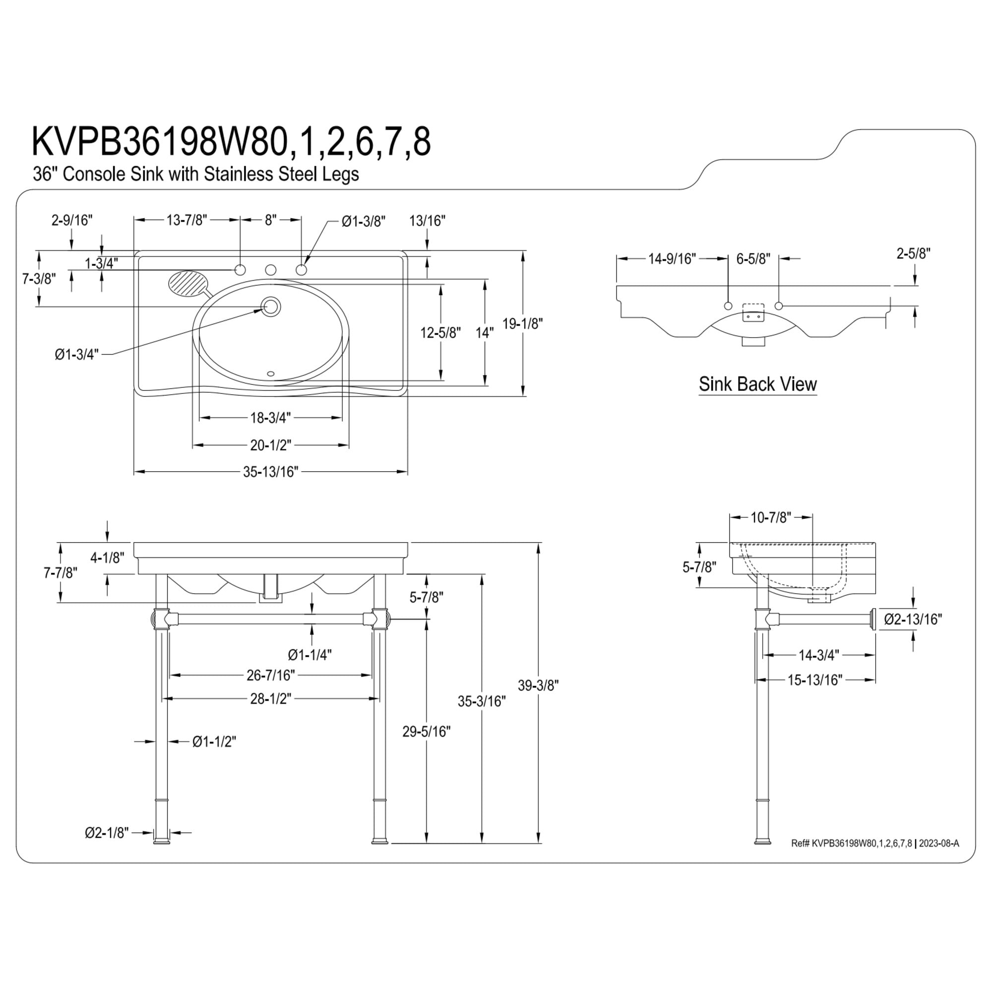 Kingston Brass KVPB36198W86 Imperial 36" Ceramic Console Sink with Stainless Steel Legs (8-Inch, 3-Hole), White/Polished Nickel