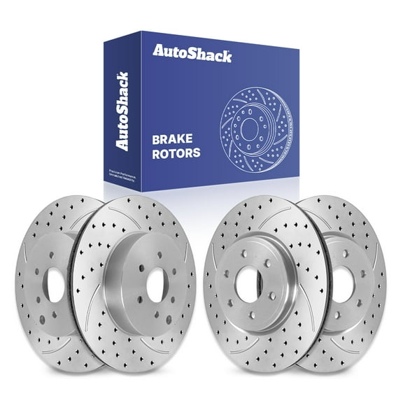 AutoShack Front Vented & Rear Vented Drilled & Slotted Coated Brake Rotors Silver Matte Finish 4-PC Set Replacement for 2005-2025 Nissan Frontier 2005-2015 Nissan Xterra TurboGuard