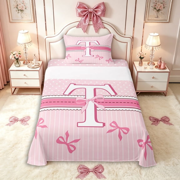 Manfei Teens Kawaii Ribbon Bowknot Personalized Initial T Twin Sheet Sets 3pcs,Girls Romantic Stripes Polka Dots Bedding,Super Cozy Room Decor