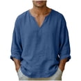thumbnail image 2 of Mifsaly Mens Beach Shirts V Neck Long Sleeve Cotton Linen Shirt Lightweight Breathable Loose Fit Vacation Lounge Fashion T-Shirts Navy,XXXL, 2 of 8
