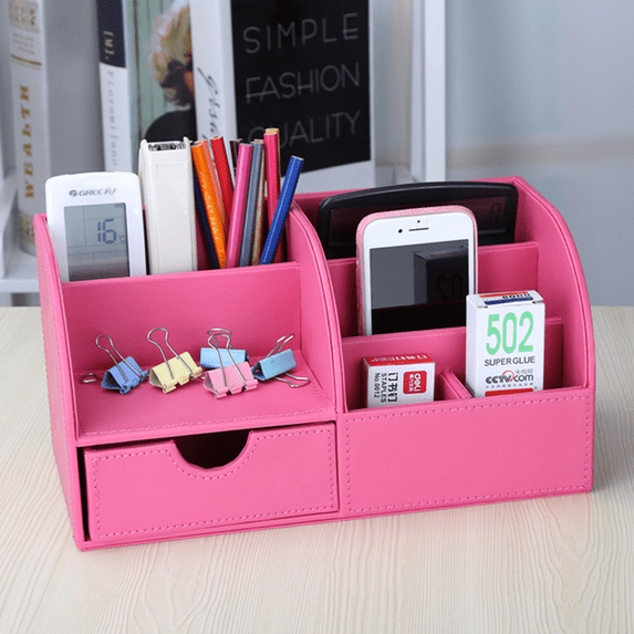 KINGFOM Desktop Drawers, PU Leather Pen Holder Desktop Organizer Office Supplies Storage Box for Pen/Mobile Phone/Remote Control Pink