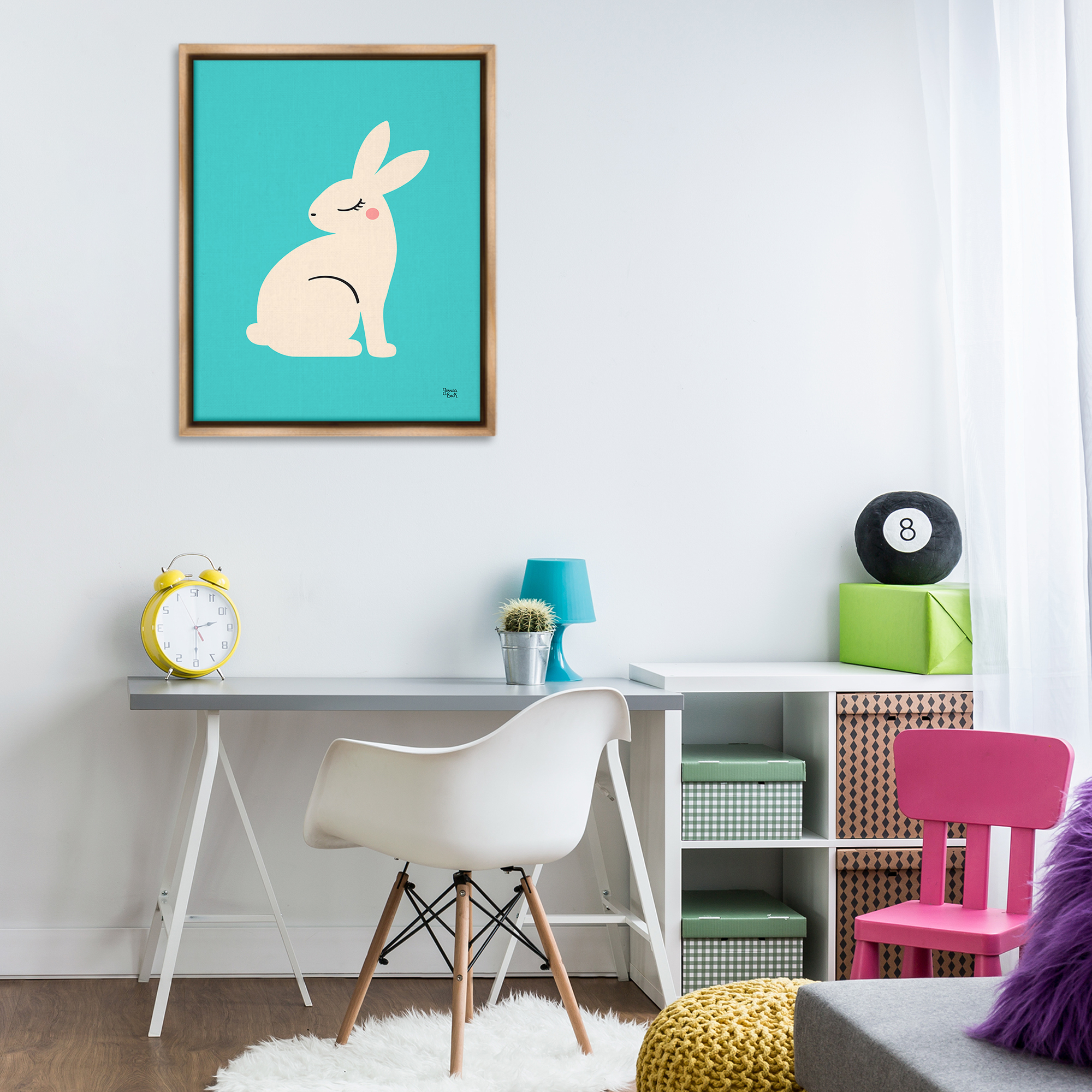 Stupell Industries Blushing Rabbit on Blue Animals Painting Brown Floater Framed Canvas Art Print Wall Art, 25 x 31