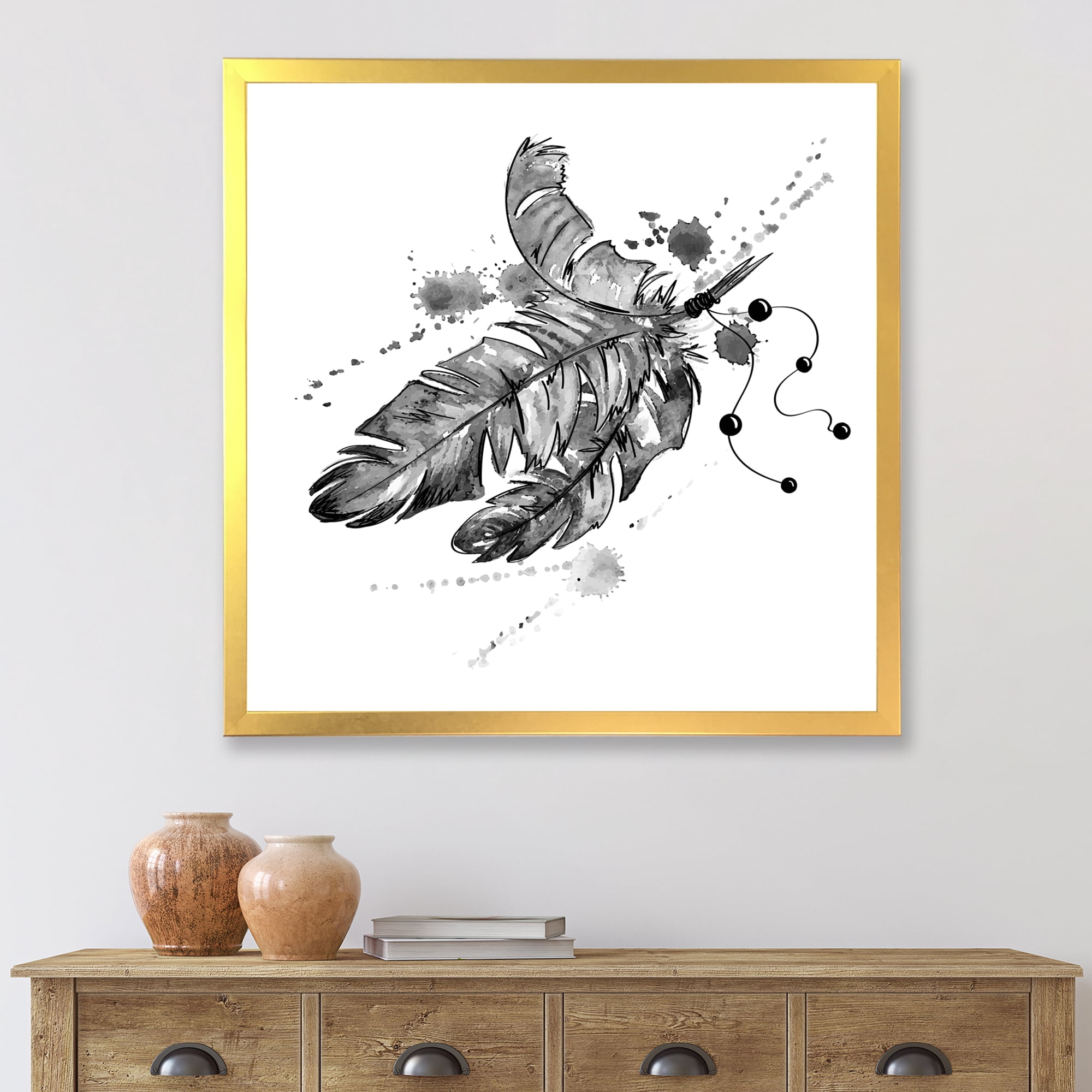 Designart 'Black and White Feathers Impression' Traditional Framed Art Print