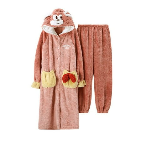

DanceeMangoo FUNISHI Women Sleepwear Coral Fleece Cartoon Nightdress Plus Size Hooded Loose Version Inspissate Pajama Set Winter Pajamas