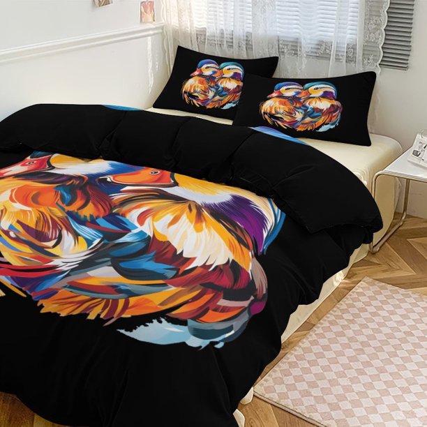 Juego de funda de edredón con diseño de pájaros y patos mandarines, tamaño king y queen, 3 piezas, 1 funda de edredón y 2 fundas de almohada con cierre de cremallera, 86 x 70 pulgadas