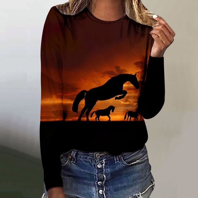 Fartey Chemises à Manches Longues Imprimé Cheval Mode pour Femmes Chandails en Molleton Légers et Confortables Col Rond Hauts de Voyage Décontractés et Élégants