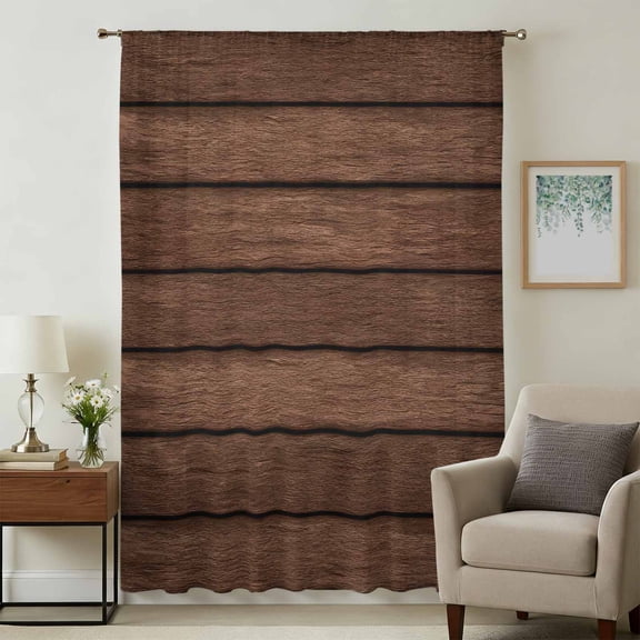 Dark Brown Wooden Sheer Curtains 45 Inches Long, Vintage Western Country Wooden Board Light Filering Curtains, Breathable Simi Curtain Privacy Drapes for Kitchen Bathroom Small Window Treatment