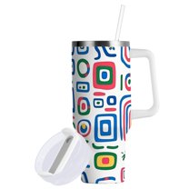 Yayeee 30oz Double-Wall Insulated Stainless Steel Tumbler with Handle Bottle, Blue Retro Pattern