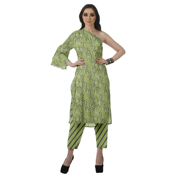 Moomaya Womens Printed One Shoulder Double Bell Sleeve Kurti Pant Set Ethnic Clothing Sets For Women