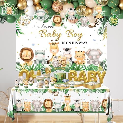 Safari Baby Shower Decorations,387pcs Jungle Baby Shower Decorations Sweet Boy Baby shower Theme Plates and Napkins Cups Tablecloth Backdrop Topper Balloons for Boy Wild Birthday Decorations