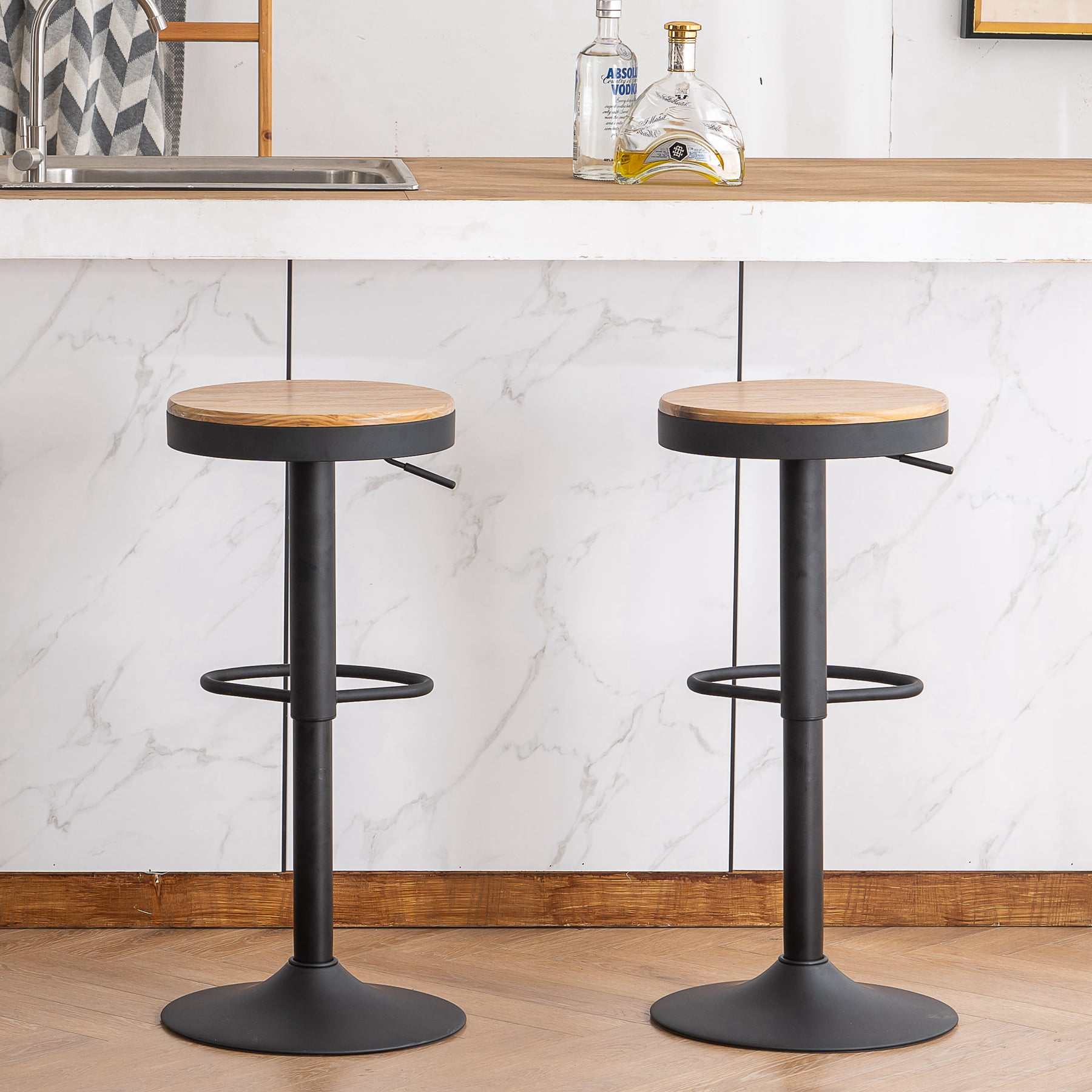 Kidol & Shellder Counter Height Bar Stools Set of 2 for Kitchen Island Solid Woodden Seat Adjustable Barstools,Modern Industrial Vintage Bar Chairs 360 ° Swivel,Arc Black 