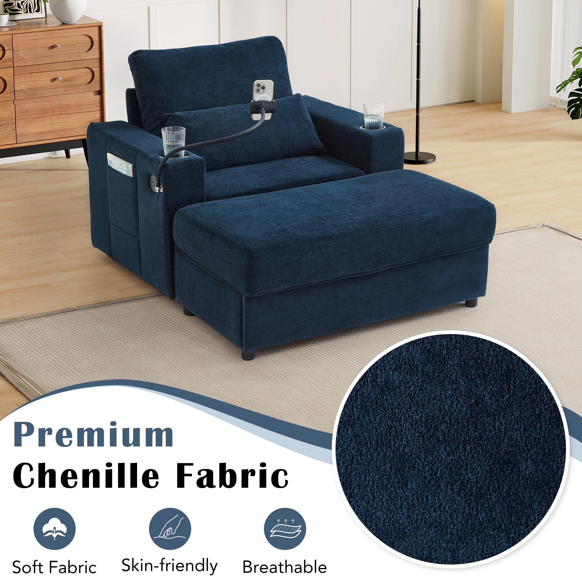 Aukfa 43" Chaise Lounge w/ 2 Cupholders and USB Ports, Storage Ottoman, Chenille, Blue