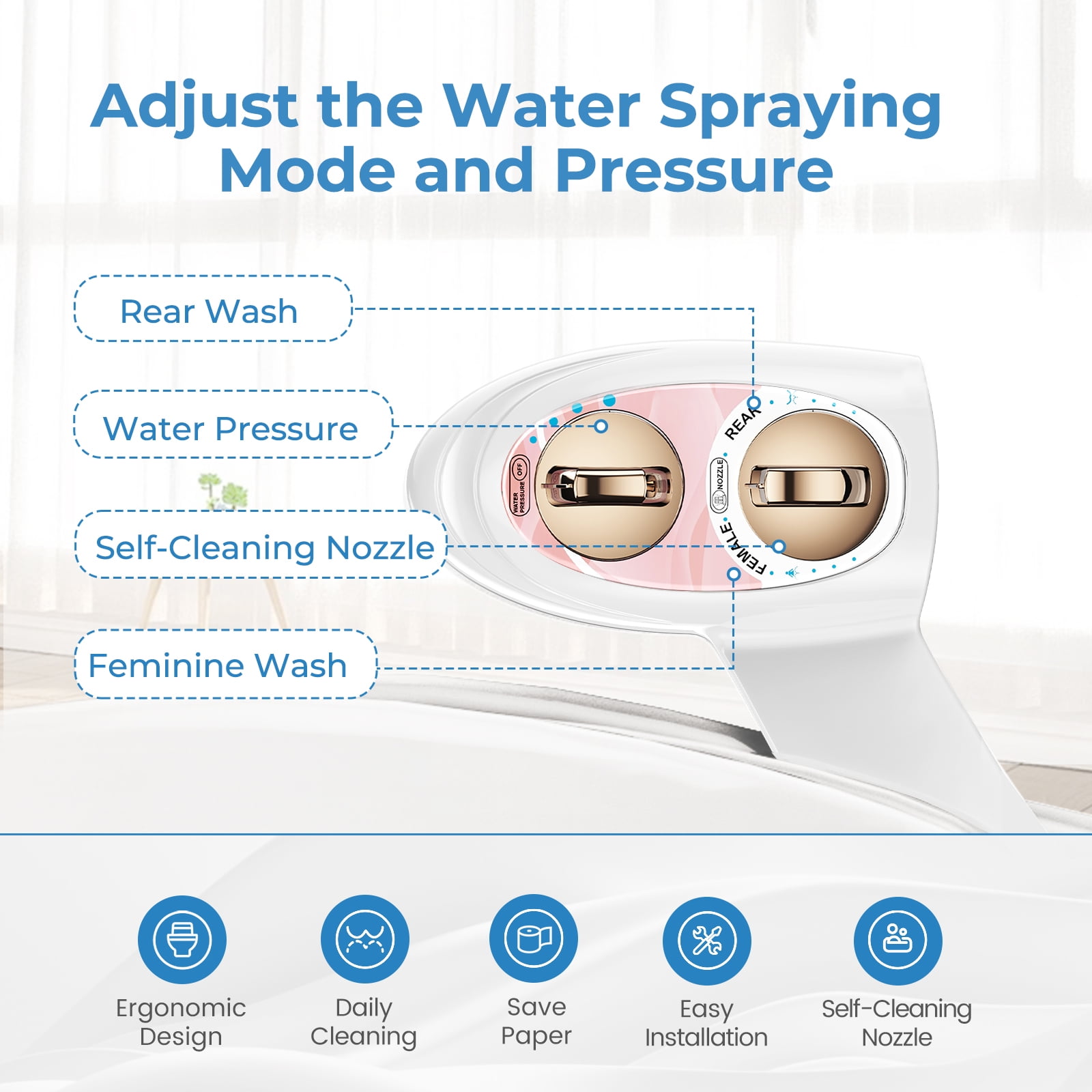 KINGTACK Bidet Attachment for Toilet, Non-Electric Self-Cleaning Bidet Seat Attachment, Fresh Cold Bidet Attachment for Feminine/Posterior Wash, with Adjustable Pressure Control (Rose Gold)