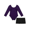 thumbnail image 4 of iiniim Kids Girls 2 Pieces Gymnastics Ballet Dance Outfits Long Sleeve Leotard with Shorts Set Purple&Black 4, 4 of 7