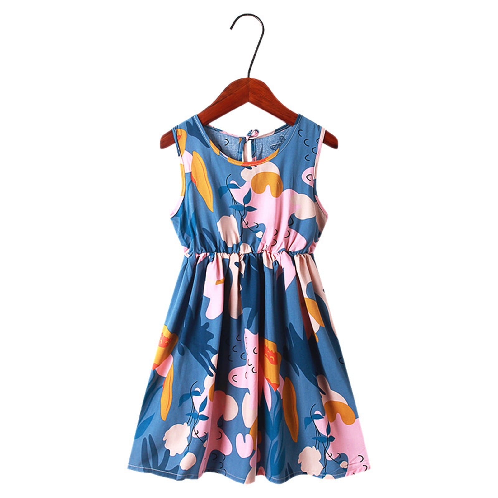 Dresses For Girls Casual Size 6 Years-7 Years Crew Neck Summer Sleeveless Sundress Casual Beach Floral Prints Party Dress Girls Clothing