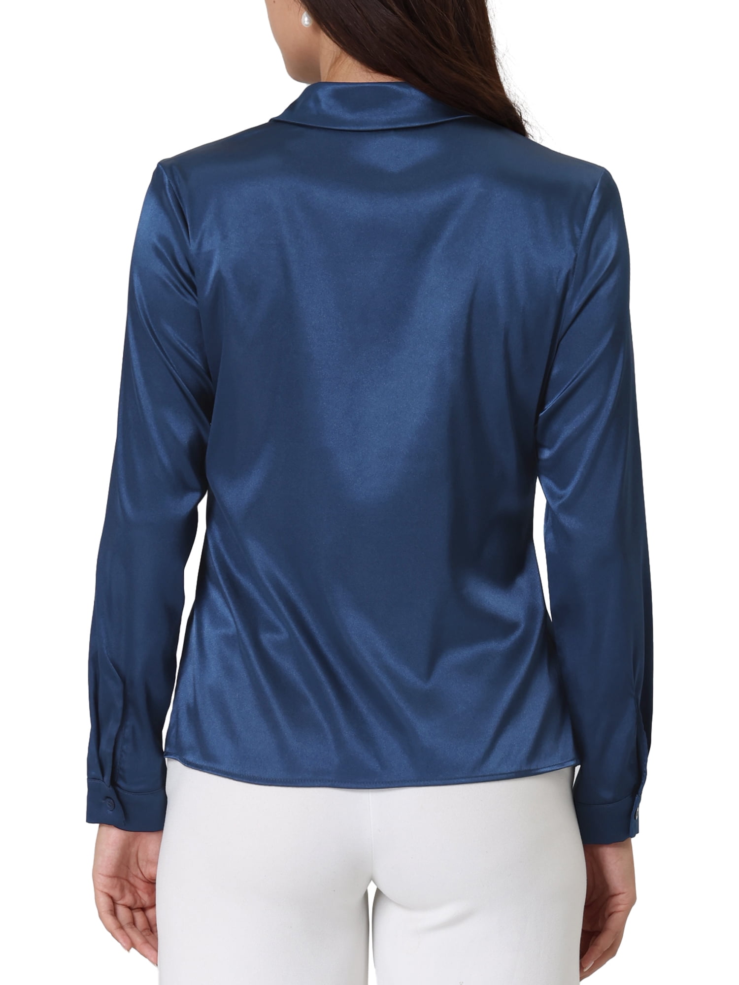 Unique Bargains Women's Satin Blouse Long Sleeve Office Button Down Shirt Top M Dark Blue