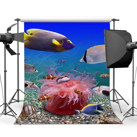 Image of ABPHOTO Polyester 5x7ft Underwater World Backdrop Aquarium Backdrops Fish Shells Fancy Coral Under the Sea Photography Background for Kids Boys Room Wallpaper Decoration Birthday Photo Studio Props