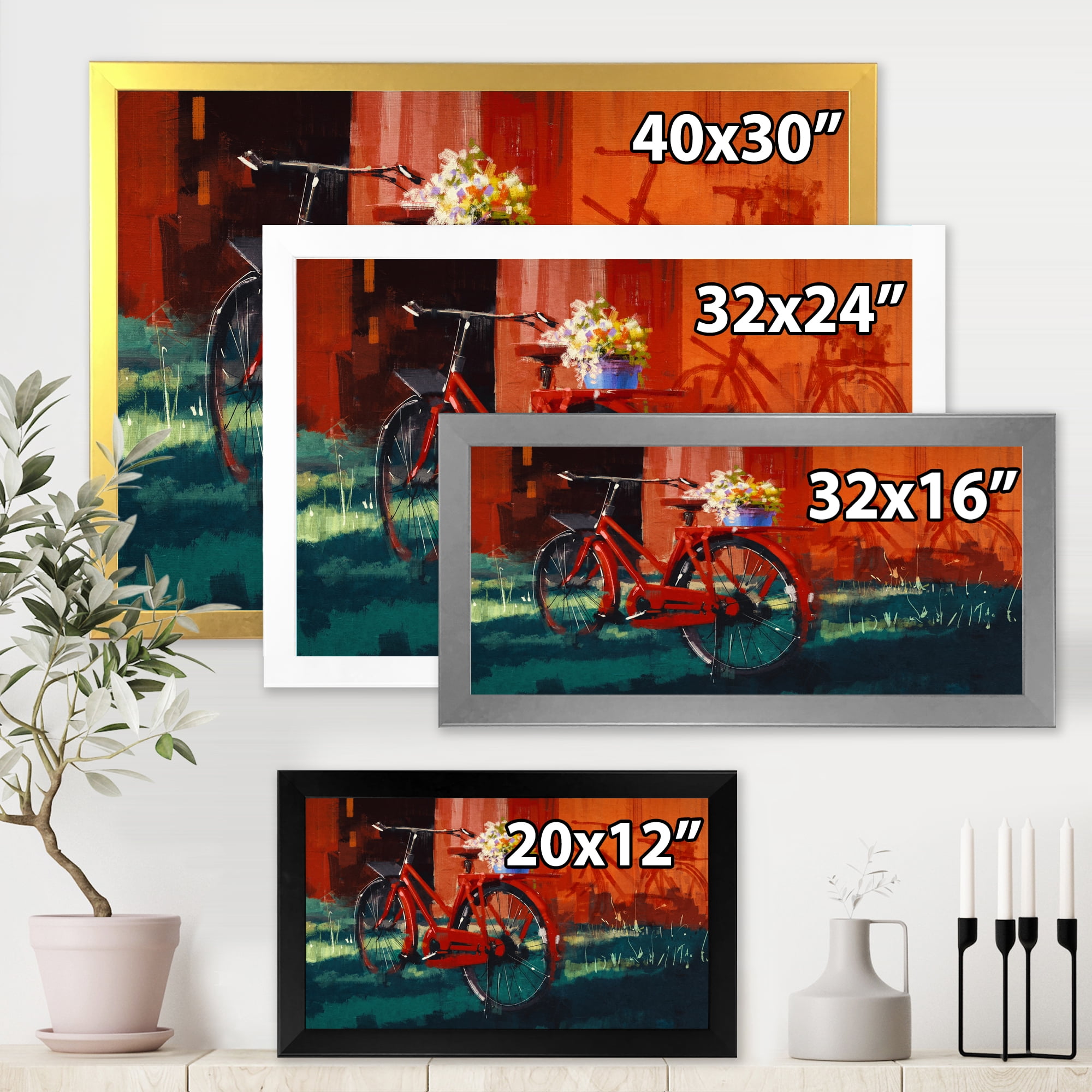 Designart 'Red VIntage Bicycle With Flowers Bucket' Vintage Framed Art Print