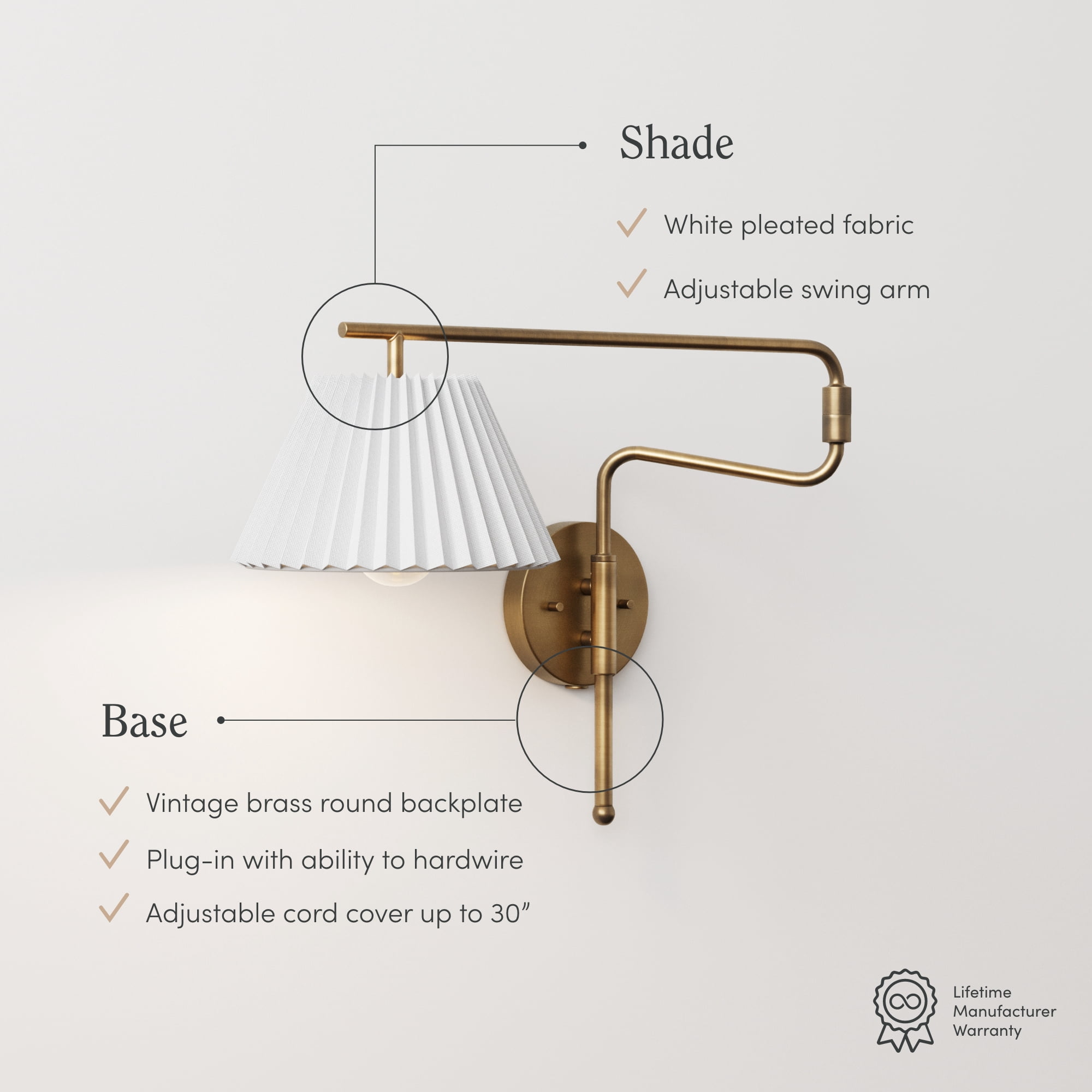 Nathan James Kai Modern Wall Mounted Plugin Bedside Reading Lamp with Pleated Shade, Vintaged Brass Finish