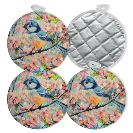 

4 PCS Pot Holders for Kitchen Potholders Sets with Hook for Oven Cooking Baking Small Bird Perched On Branch Of Pink Blossoms