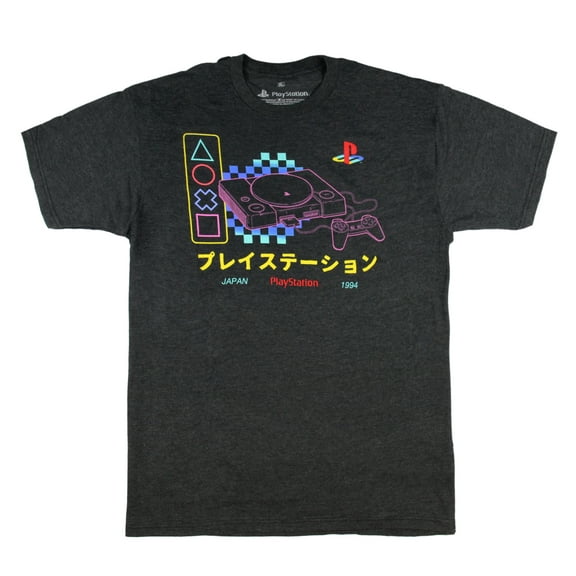 PlayStation Men's Checker Neon Japan 1994 Graphic T-Shirt, 2X-Large