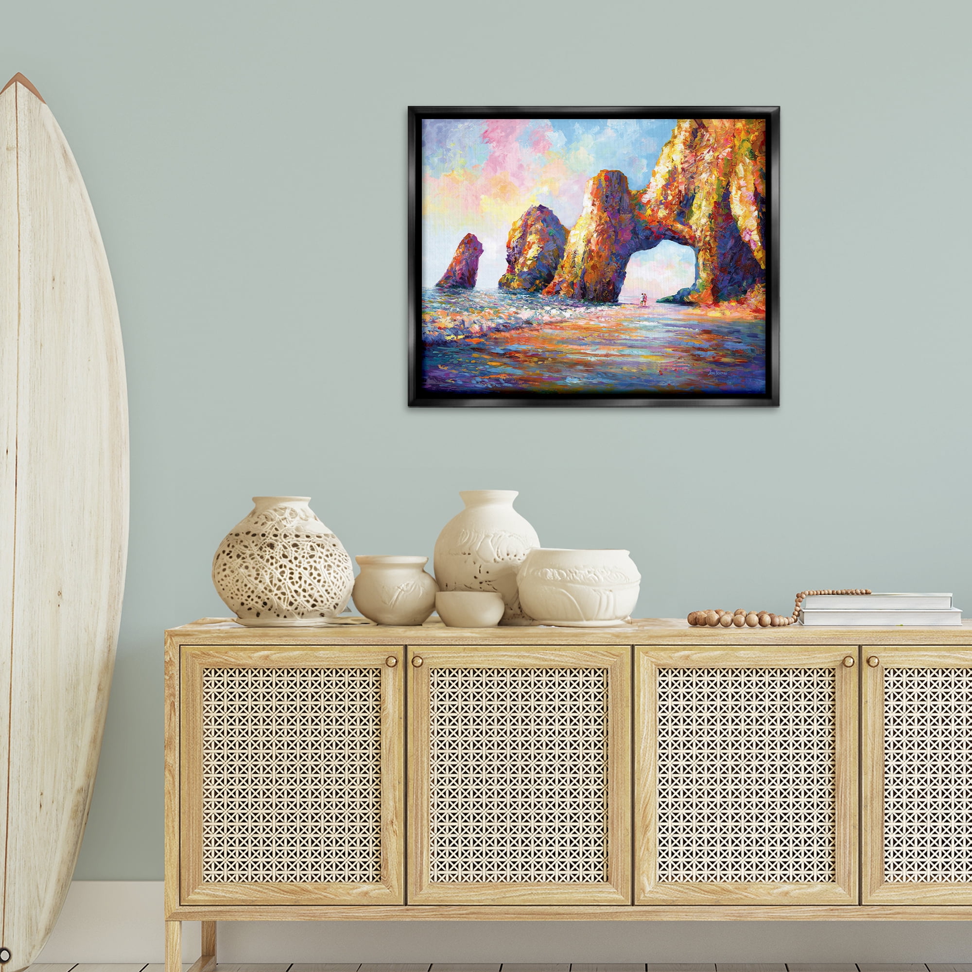 Stupell Industries Couple Strolling Beach Arch Landscape Painting Black Floater Framed Canvas Art Print Wall Art, 31 x 25
