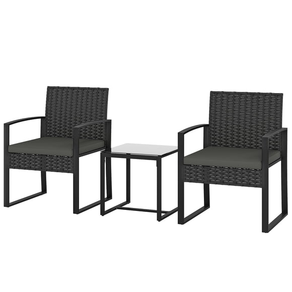 3-Piece Outdoor Bistro Set, PE Rattan Wicker Patio Furniture with Tempered Glass Table and High-Density Foam Cushions, Dark Grey Furniture for Balcony, Porch or Small Garden