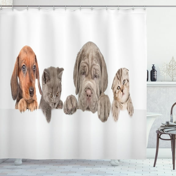 Dog and Cat Shower Curtain, Pets Peeking over a White Banner or Wall, Fabric Bathroom Set with Hooks, 69W X 75L Inches Long, Persian Orange Dimgray Pale Mustard Warm Taupe, by Ambesonne