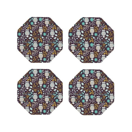 

Fuzoiu Forest Cute Owl Print Leather Coasters Set Drink Coasters Set of 4 for Tabletop Protection Durable PVC Coasters Home Décor and Housewarming Gift-Octagon