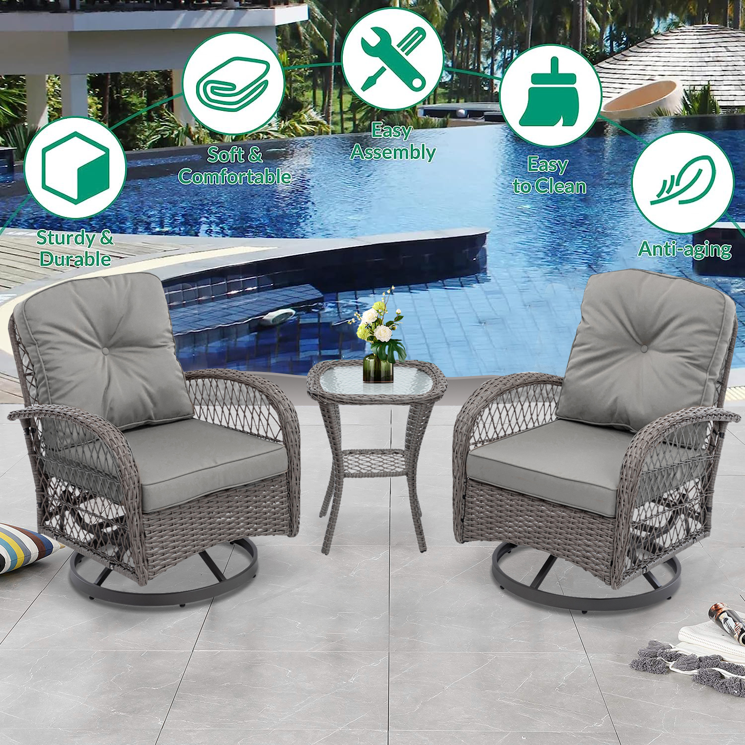 3-Piece Patio Bistro Furniture Set, 360° Patio Rattan Wicker Swivel Rocking Chair Set with Thickened Cushions and Glass Coffee Table, 275 LBS, Grey - image 4 of 10