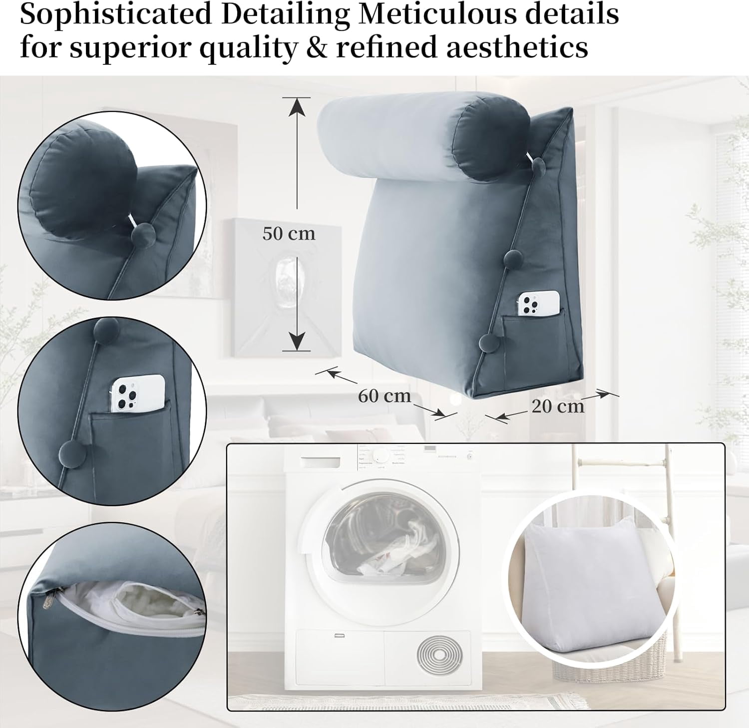 Reading Pillow for Adults Velvet Back Pillow for Bed Sitting Up Wedge Pillow with Removable Washable Cover for Reading, Watching TV and Relaxing, Grey