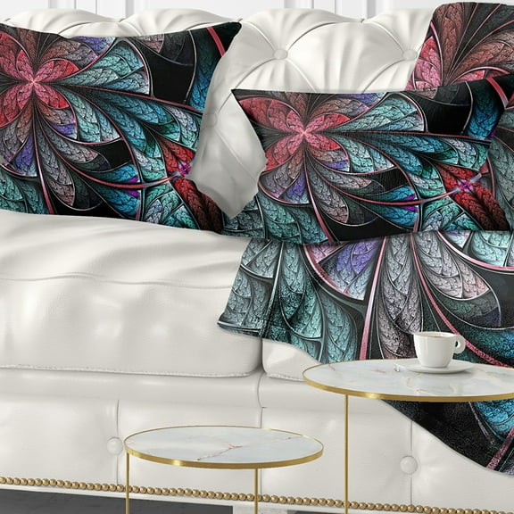 Designart Turquoise and Red Fractal Flower Pattern - Floral Throw Pillow - 12x20