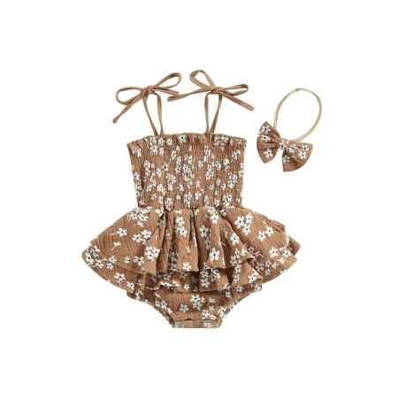 

Calsunbaby Toddler Baby Girls Summer Casual Sling Romper Sleeveless Layered Ruffle Floral Playsuit with Headband