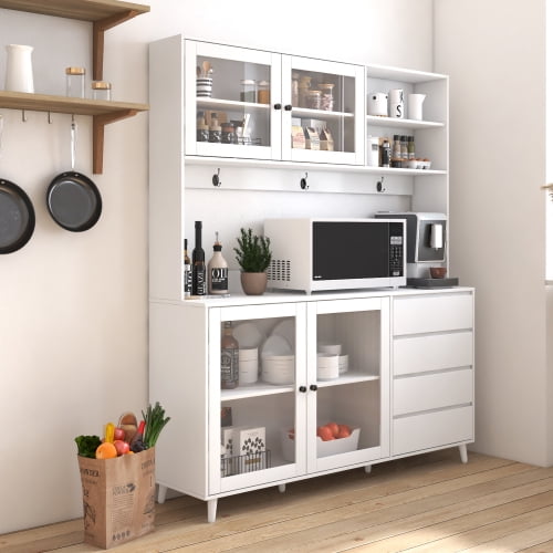 63" W Large Kitchen Hutch Cabinet - Freestanding Pantry Storage Cupboard with 4 Doors, 4 Drawers, Microwave Shelf, and Multi-Functional Organization Solutions for Kitchen, Office, or Garage (White)