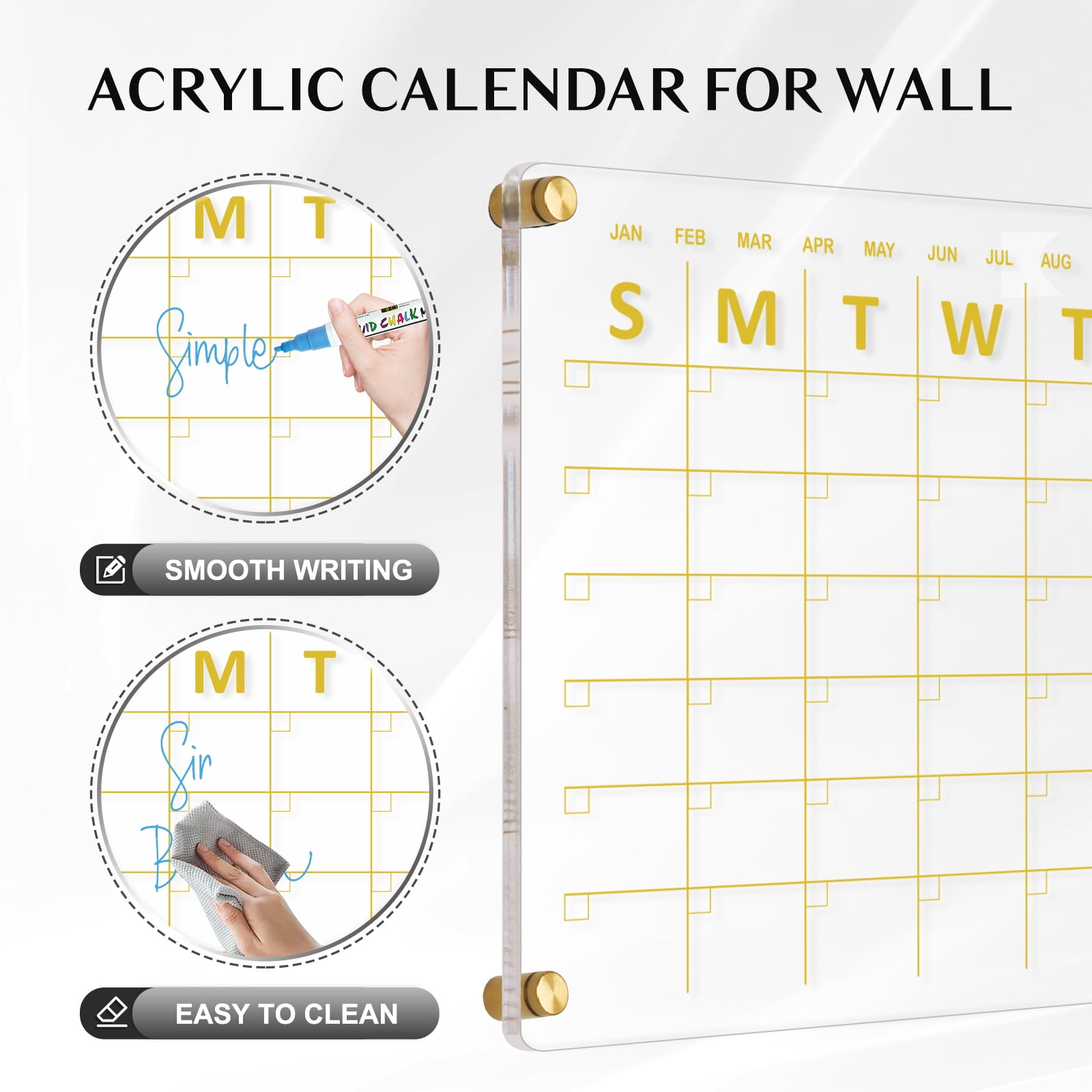 DOLLAR BOSS Acrylic Calendar for Wall Whiteboard, 24''x16'' Weekly Clear Dry Erase Board, Wall Hanging Non-Magnetic Floating Frameless Gold Print Whiteboard with Markers, for Home, Office. Wall Decor