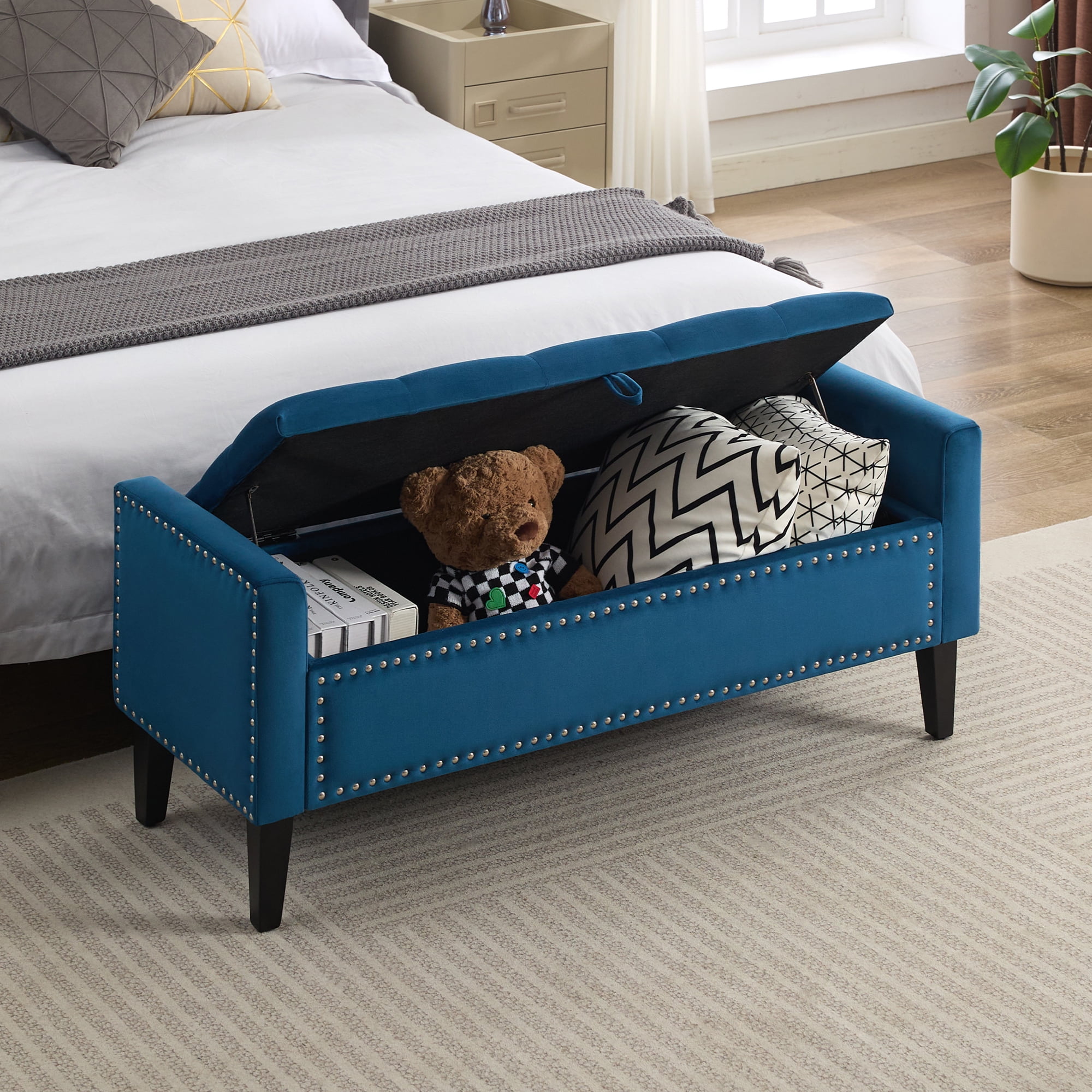 Velvet Storage Bench, Upholstered Bed Bench with Storage, End of Bed Ottoman with Wooden Legs,Bedside Storage Bench for Bedroom, Living Room, or Entryway, Blue