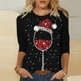 thumbnail image 2 of Hauts d'Été pour Femmes Noël Verre de Vin Rouge Imprimé Col Rond Manches Trois Quarts T-Shirts Surdimensionnés pour Femmes Noir TG, 2 of 4