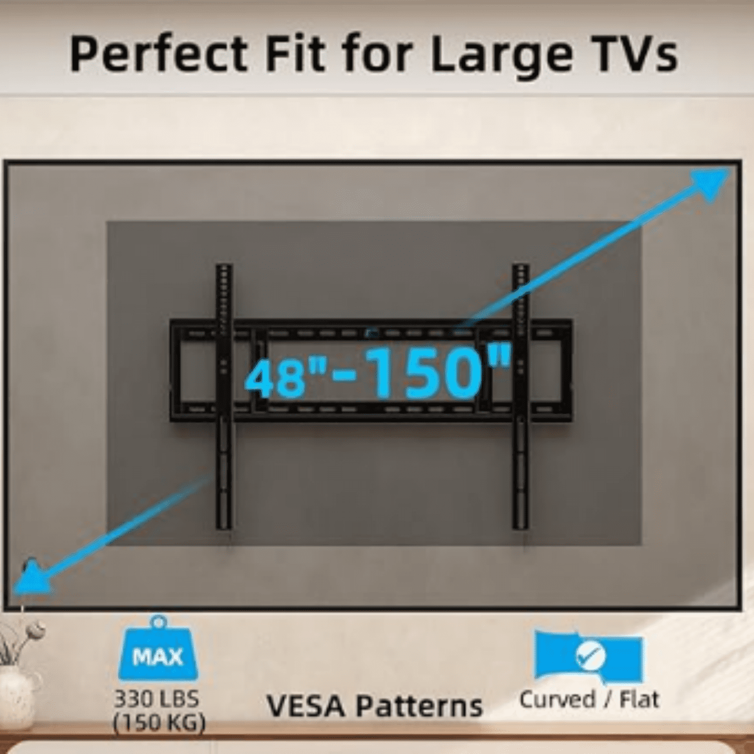 Heavy Duty TV Wall Mount for 48-150 inch Large TVs up to 330 LBS & 900x600mm Vesa, Fixed Low-Profile Slim TV Mount Wall Bracket Fit 16" 24" 32" Wood Studs
