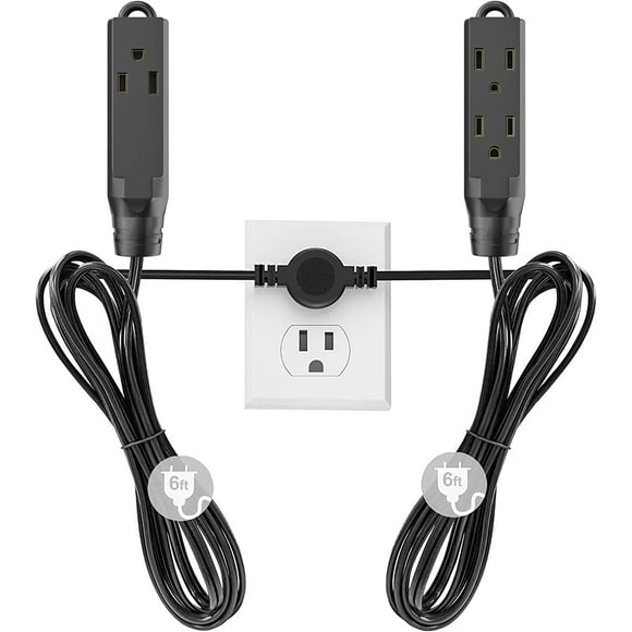 shiyou-Twin Extension Cord Splitter - 12-Foot Heavy Duty Power Strip (6ft Each Side) with 6 Outlets, 3-Prong Flat Plug, Space-Saving Wall Hugger Design, Indoor Surge Protector - Black