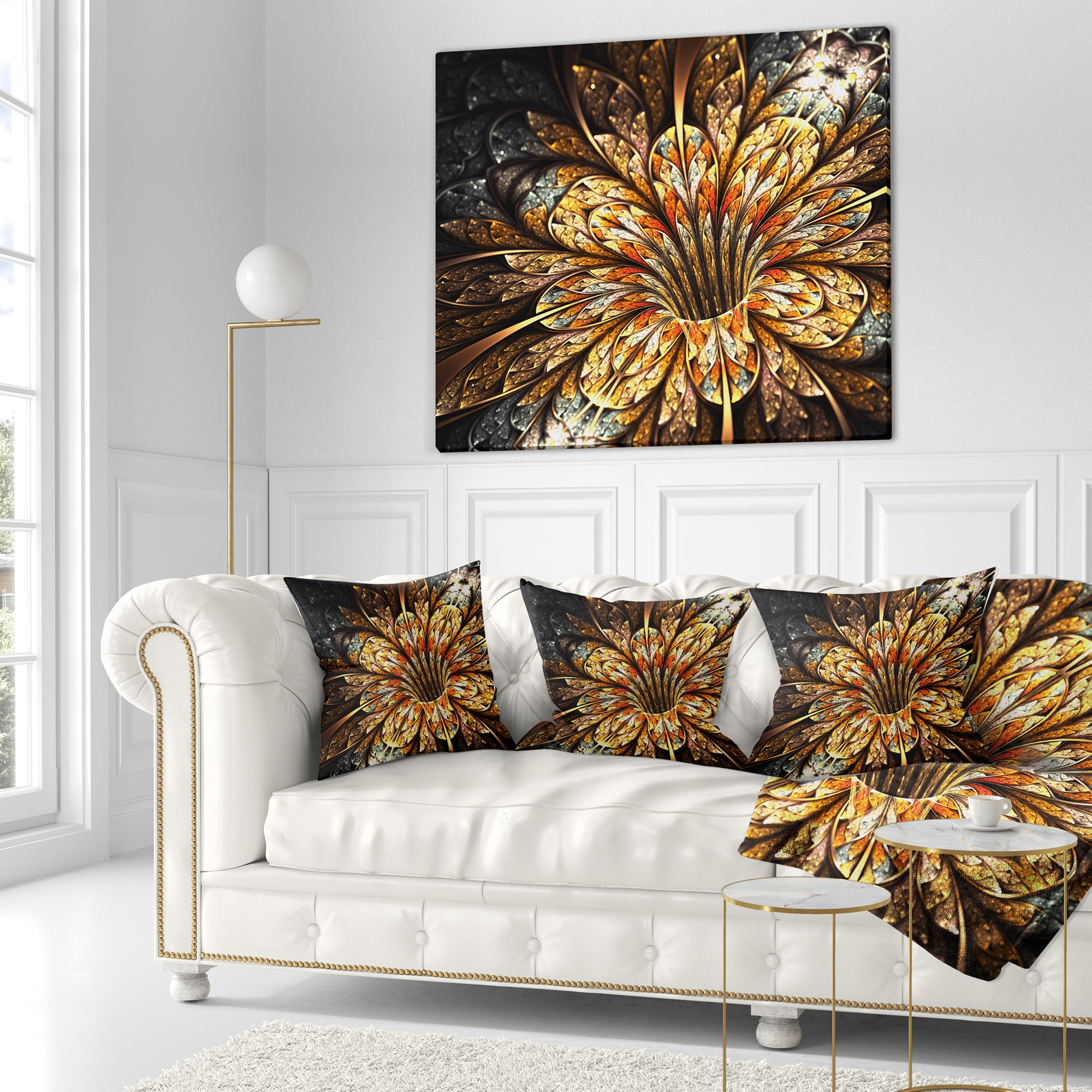 Designart Golden Shiny Fractal Flower - Floral Throw Pillow - 16x16