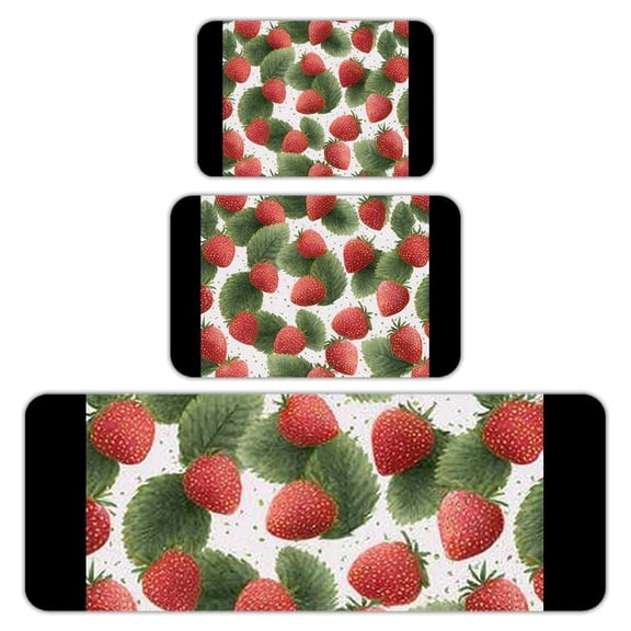 RKSupls Kitchen Rug Set 3 Piece Anti-Slip Flannel Floor Mats, Strawberries Leaves Washable Absorbent Runner Mats for Kitchen Bathroom Home Decor