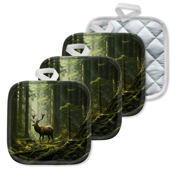 4 Pack Pot Holders,Kitchen Essential, Potholder Set,Stately Stag In A Sunlit Forest Glade