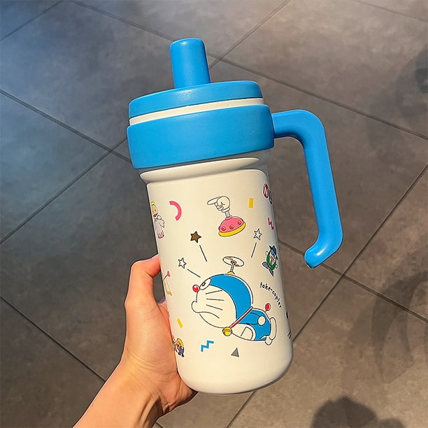 Taza térmica Doraemon, taza de agua con pajita de gran capacidad, almacenamiento en frío, bonita taza de acompañamiento para niñas con asa, taza de hielo