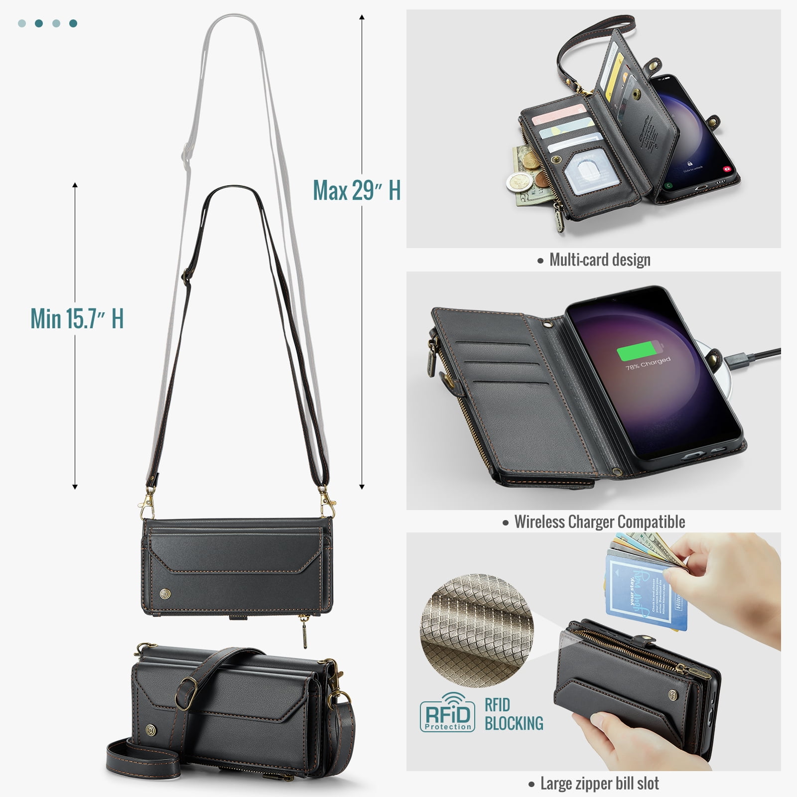 for Samsung Galaxy S23 Plus Full Body Protection Wallet Folio Flip Case, Shoulder Strap & Wristlet Card Slots Zipper Pocket RFID Blocking Rugged Durable PU Leather Phone Case Cover, Black